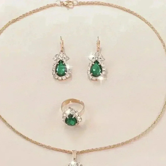 Women's 4-Piece Green Drip Shaped Rhinestones Jewelry Set - Emerald Like - Picture 9 of 14